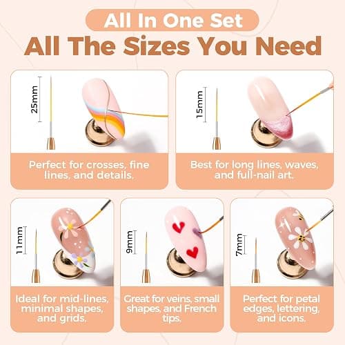 UNA GELLA Metallic Nail Art Brushes, Liner Pens Set 5Pcs Black Color For Nail Art Gel Polish - Thin Detail Nail Art Design Painting Brush Set For Nails Gel Fine Drawing Nail Tools Sizes 7/9/11/15/25mm thumbnail 3
