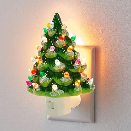 Hausse Christmas Ceramic Tree Night Light, Decorative Snow Covered Xmas Tree Nightlight with Lamp, Multicolor Bulbs & 360 Degree Swivel Plug with ON/Off Switch for Home Bathroom Bedroom Decor - Image 1