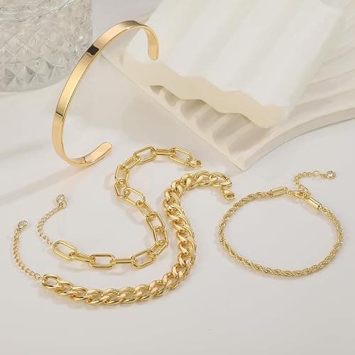 KOHOTA Chunky Gold Bracelets for Women Non Tarnish 14K Gold Plated Cuff Bracelet Stack Trendy Love Bangle Bracelets Stackable Tennis Bracelet Set Tie Knot Cuban Paperclip Figaro Chain Jewelry Gifts thumbnail 6