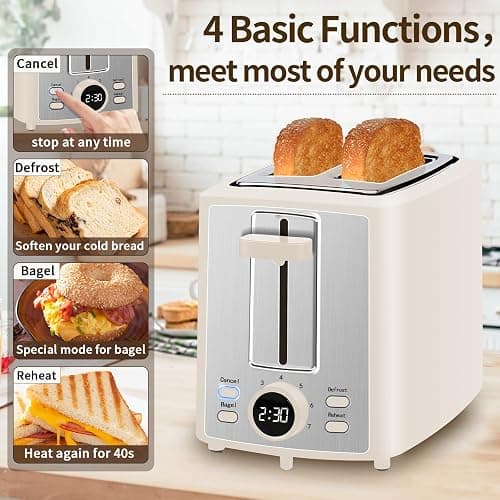 SEEDEEM Toaster 2 Slice, Bread Toaster with LCD Display, 7 Shade Settings, 1.４'' Extra Wide Slots Toaster with Cancel, Bagel, Defrost, Reheat Functions, Removable Crumb Tray, 900W, Cream White - 10.2*6.8*5.9 inch - Cream White thumbnail 4