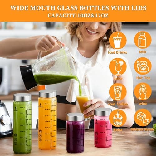 Glass Juice Bottles 10 Oz, Wide Mouth Reusable Clear Glass Water Bottles with Graduations 100% Leak Proof Stainless Steel Lids, BPA Free, Fits in Cup Holder Juice Containers Set of 6 thumbnail 5