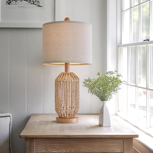 OYEARS 21" Boho Table Lamp for Living Room, Bedside Lamp for Nightstands, Rattan Lamp for Bedroom, Farmhouse Table Lamp for Room Decor, End Table, Retro, Brown, 1 Pack thumbnail 2