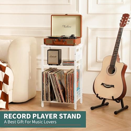 Yoobure Record Player Stand, 3-Tier White Side Table with Charging Station, Small End Table Record Holder with Vinyl Storage, Beside Tables Turntable Stand for Album CD, Night Stand for Living Room thumbnail 3