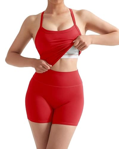 SUUKSESS Women 2 Piece Workout Sets High Waisted Tummy Control Biker Shorts Halter Padded Tank Tops thumbnail 4
