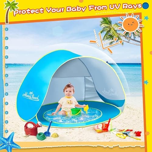 Monobeach Baby Beach Tent with Beach Sand Toys Pop Up Portable Shade Pool UPF50+ UV Protection Sun Shelter for Infant with Easy Set Up Canopy (Blue with Toys) thumbnail 2