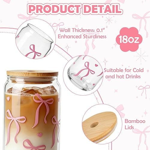 Mason Life Bow Glass Cup 18 OZ with Designs, Pink Bow Cup for Preppy Stuff, Cute Tumbler with Straw Cover & Keychain for Women Teen Girls Iced Coffee, Matcha and Smoothies thumbnail 4