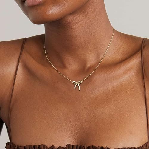 Risamil 14K Gold Plated Necklace for Women - Bow Necklace - Dainty Necklace Cute Small Tiny Bow Pendant Choker Chain Necklace Trendy Necklaces for Women Jewelry Gift thumbnail 5