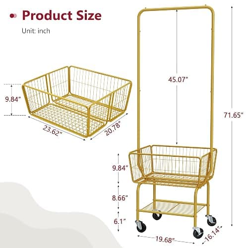 Tajsoon Rolling Laundry Cart with Hanging Rack & Laundry Basket, Gold | Metal Commercia Laundry Cart with Wheels, Laundry Hamper Sorter with Storage Basket & Shelf, Laundry Room, Bathroom, Bedroom thumbnail 3