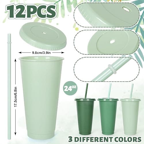 Whaline 12Pcs Sage Green Plastic Cups with Flat Lids and Straws, 24 Oz Gradient Green Reusable Tumbler Travel Mug Cup Party Drinkware Decor for Iced Coffee Beverage Drinks Party Supply thumbnail 3