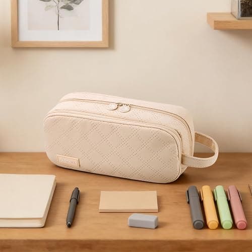 EASTHILL Large Capacity Pencil Case Cute Pencil Pouch with Handle Stationery Pen Bag for Teen Girls-Cream thumbnail 2