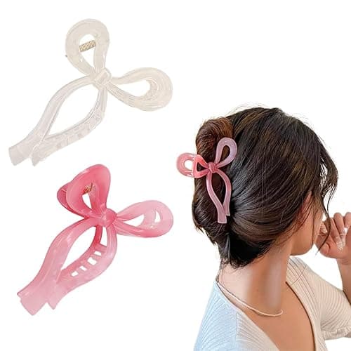 Ayesha Bows Claw Clips - 2 Colors Ribbon Coquette Clips for Thick Hair and Girls, Including Pink - Image 1