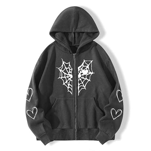 POHADON Oversized Y2K Zip Up Hoodie for Women Men Gothic Spider Web Heart Graphic Sweatshirt Punk Harajuku Alt Emo Streetwear thumbnail 2