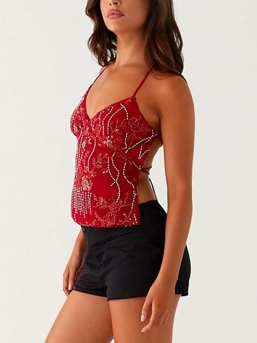 YILEEGOO Women Sequin Sparkle Open Back Criss Cross Straps Tank Top Y2k Pearl Embellished Cami Tops Sexy Bling Glitter Rhinestone Camisole thumbnail 3