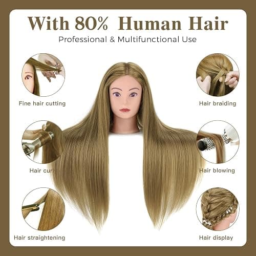 28" Mannequin Head Human Hair, 80% Real Hair Mannequin Head, Cosmetology Manikin Doll Head for Hair Styling Set #27, Training Practice Braiding Head with Table Clamp Suitable for Hair Extensions thumbnail 2