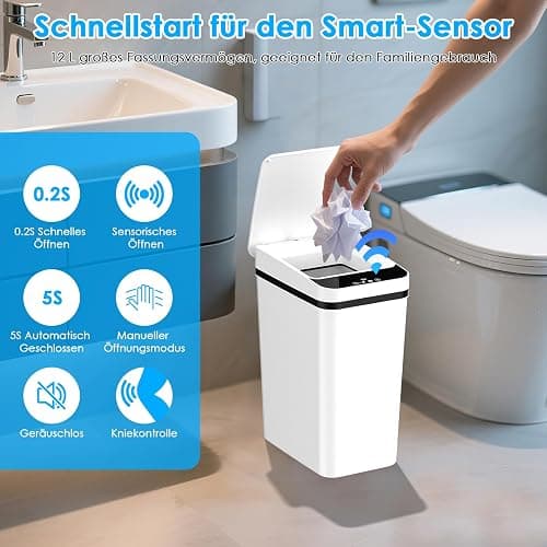 Gaethra 2er Set Mülleimer mit Sensor, 12L Automatischer Elektrischer Deckel Sensor, 3 Betriebsmodi, Leise Wasserdicht Intelligenter Abfallbehälter, für Küche Büro Wohnzimmer Badezimmer (2 er Weiß) thumbnail 2