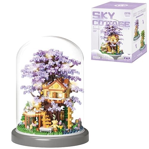 Cherry Blossom Bonsai Tree House DIY Building Flowers Set for Adults,2680PCS Challenging Mini Brick House Model Kit with LED Lights, Purple & Yellow Sakura Flowers, Includes Dust Cover for Display - Image 1