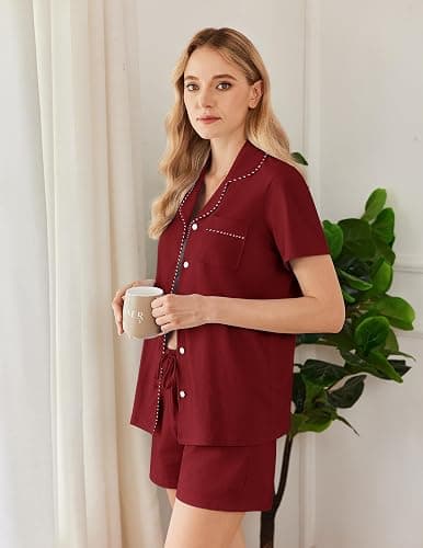 Ekouaer Pajama Set Women Classic Loose Short Sleeve Button Down Pjs Set Soft Sleepwear Loungewear with Pockets thumbnail 3