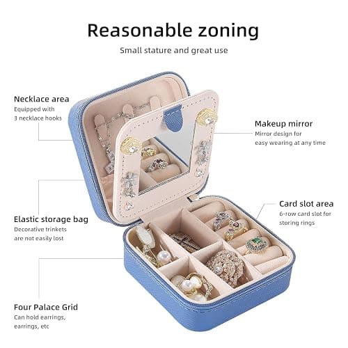 KElofoN Travel Jewelry Case with Mirror - Small Organizer Box for Girls & Women (Deep Blue) - Deep blue thumbnail 4