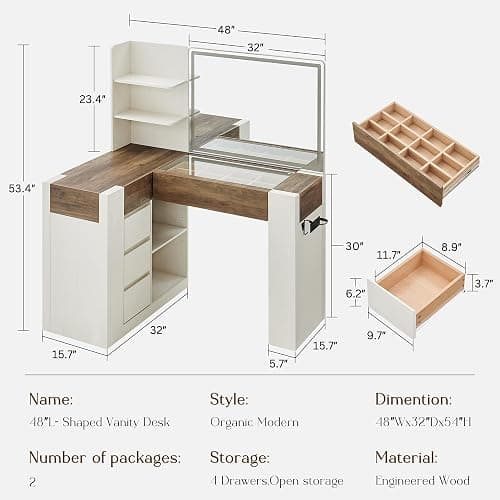 OKD 48" Makeup Vanity Desk with Mirror and Lights, Glass Top, Antique White | Modern L-Shaped Corner Vanity for Women,large mirror,LED Lights,4 Drawers,Open Storage Shelves,Charging Station,Dryer Holder thumbnail 2
