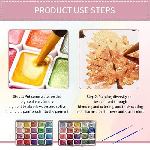 nnOuOnn Metallic Watercolour Paints Set(2pcs), 40 Color Mini Travel Glitter Gouache Water Colour Painting, Colouring Brushes Cards Art Forestey Pearlescent Solid Kids Adults Beginners Artists thumbnail 7