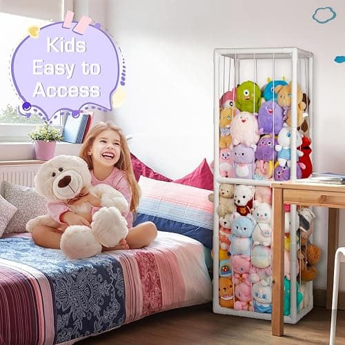 Trycooling Stuffed Animal Storage Zoo Holder Space Save Vertical PVC with Elastic Band and Net for Playroom Bedroom Nursery (White 1) thumbnail 6
