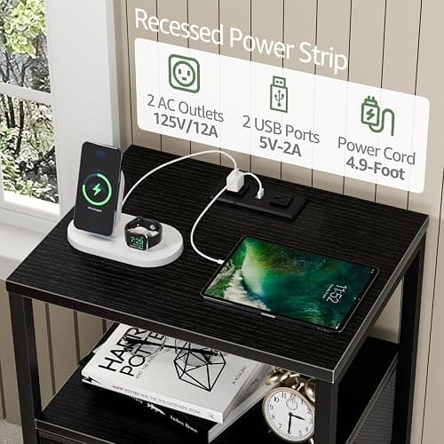 BOLUO Black Nightstand with Charging Station, LED Night Stand with 2 Fabric Drawers, Bedside Table with USB Ports and Outlets, Nightstand for Bedroom Modern thumbnail 6