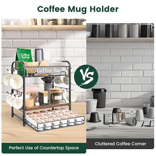 Coffee Bar Organizer, Station Mug Holder for Countertop, Multi-Functional 3 Tier Coffee Cup Tree Rack for Kitchen, Storage Shelf with 10 Hooks, K Cup Pod Drawer for Home Office thumbnail 7