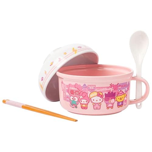 Silver Buffalo Sanrio Hello Kitty and Friends Featuring Keroppi, My Melody, Badtz-Maru, and Pompompurin Soup Mug and Bowl Lid with Spoon and Chopsticks, 13 Ounce Bowl Lid, 22 Ounce Soup Mug - Image 1