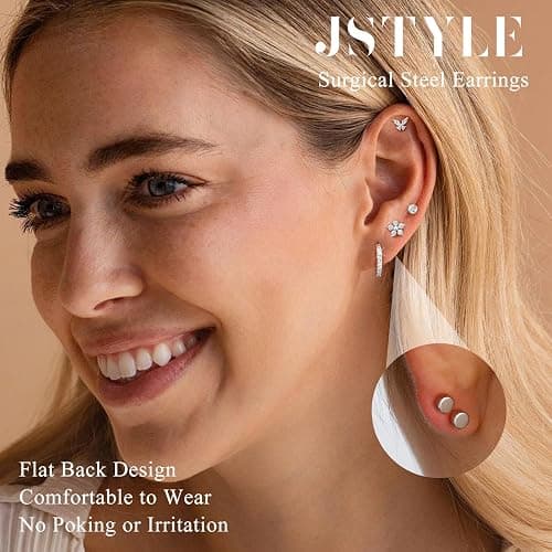 Jstyle Hypoallergenic 14K Gold Plated Stud Hoop Earrings for Women Men Surgical Stainless Steel Flat Back Earrings Small Huggie Hoops Cartilage Earring Set for Multiple Piercing Jewelry Gift for Women thumbnail 2