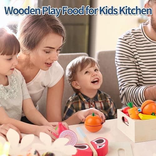 32 Pcs Wooden Play Food Sets for Kids Kitchen Accessories, Montessori Educational Toys Food, Pretend Play Food for Toddlers, Velcro Fruits and Vegetables Cutting Set for Kids Boys Girls thumbnail 2