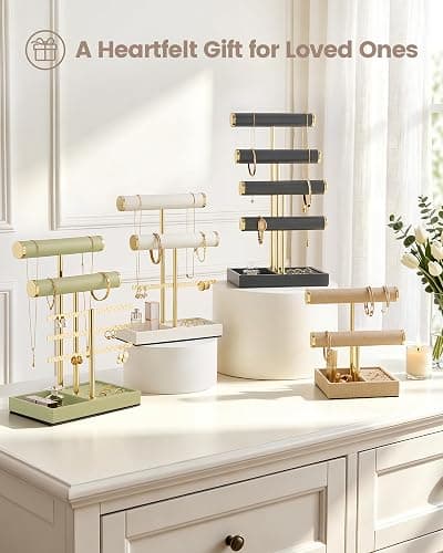 Lolalet 5 Tier Jewelry Stand Holder, Bracelet Necklace Display -Beige | PU Leather Hanging Jewelry Rack with Storage Tray, Ring Watch Bangle Earring Organizer, Gifts Dorm Room Decor for Women Girls thumbnail 10