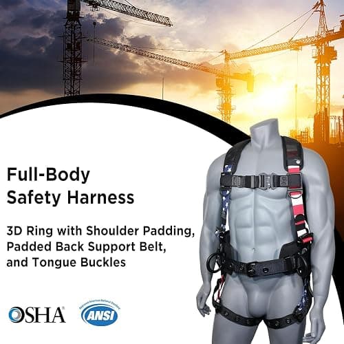 AFP Fall Protection Full-Body Premium Safety Harness, 8” Thick Support Belt, Aluminum D-Rings, Tongue Buckle (OSHA/ANSI PPE) thumbnail 2
