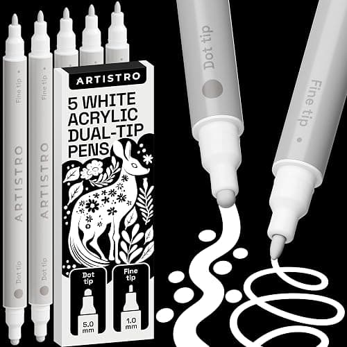 ARTISTRO 5 White Acrylic Paint Markers for Rock, Fabric, Wood, Glass, Craft, Decoration - Dual-Tip Paint Pens - Stocking Stuffers, Christmas Gift Idea for Teens, Grandkids, Kids - Art Supplies - Image 1