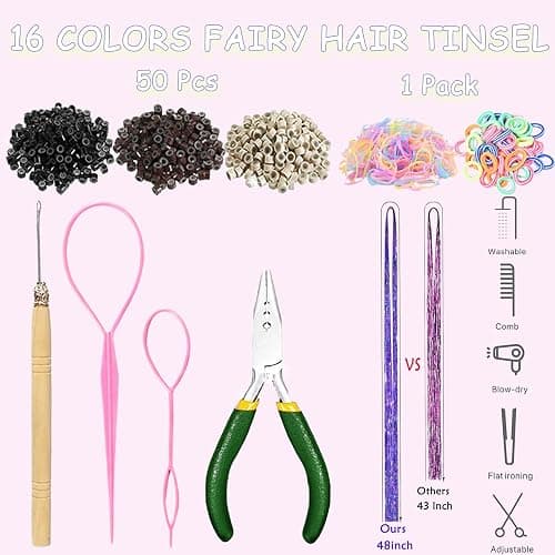 Hair Tinsel Kit With Tool 6800 strands 16 Colors Fairy Hair Tinsel, Sparkling Shiny Hair Tinsel Heat Resistant Highlights Glitter Tinsel Hair Extensions (48 Inch) thumbnail 3