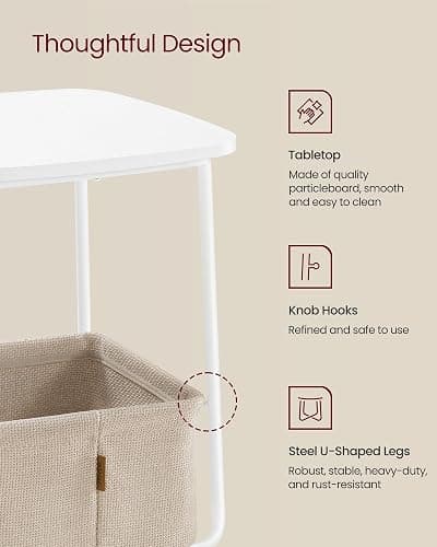 VASAGLE LILEA Collection - Side End Table with Fabric Basket, Modern Nightstand, Square Bedside Table, for Living Room, Bedroom, Matte White and Camel Brown ULET229W10 thumbnail 5