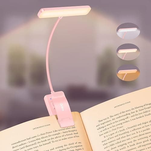 Gritin 19 LED Rechargeable Book Light for Reading in Bed with Memory Function- Eye Caring 3 Color Temperatures,Stepless Dimming Brightness,80 Hrs Runtime Clip on Light for Book Lovers-Pink - Image 1