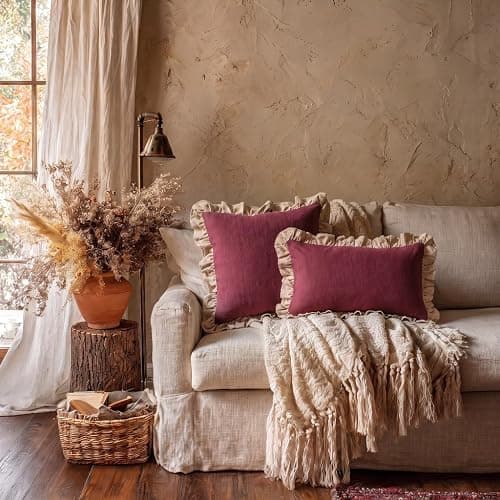 patdrea Vintage Red Linen Throw Pillow Covers,Set of 2,18"x18"-Kubum | Decorative Pillow Cover for Couch Living Room Bedroom Sofa,Rustic Farmhouse Design,Solid Pillow Case with Ruffled thumbnail 7