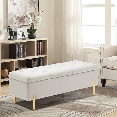 Ottoman with Storage Bech, Foot Rest Stool, 45.6 Inch Velvet Upholstered Storage Bench Tufted Settee, Folding Pouf Accent Ottoman, End of Bed Bench with Soft for Living Room Entryway Bedroom, White thumbnail 7
