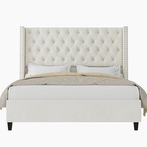 Jocisland Upholstered Bed Frame with Tall Headboard Wingback Platform Bed Tufted Deep Button Velvet/No Box Spring Needed/Easy Assembly (Cream, Queen) thumbnail 8