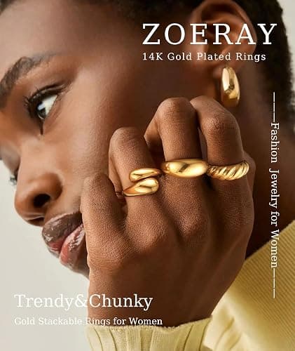 ZOERAY Chunky Gold Rings for Women Non Tarnish Trendy 14k Gold Plated Adjustable Signet Band Stackable Thumb Ring Set Open Twist Dome Statement Stacking Rings Jewelry Gifts for Women Size 5-10 thumbnail 2