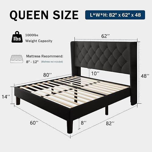 GalnFu Queen Size Bed Frame with Button Tufted Headboard, Upholstered Platform Bed Frame with UnderBed Storage, Wooden Slats Supports, Noise Free, No Box Spring Needed, Easy Assembly, Black thumbnail 2