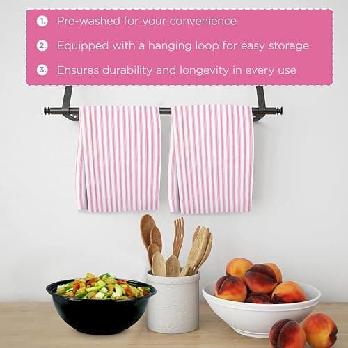 Candy Cottons Stripe Kitchen Towels With Hanging Loop - Boho Absorbent Dish Towels Set of 3 - Festive Gift 18x28 Inch Reusable Pantry Decor - Trendy Spring French Pink thumbnail 5