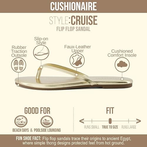 CUSHIONAIRE Cruise Lightweight Womens Flip Flops, Comfortable Beach Sandals for Women with Cushioned Footbed & Flexible Slip On Design thumbnail 4