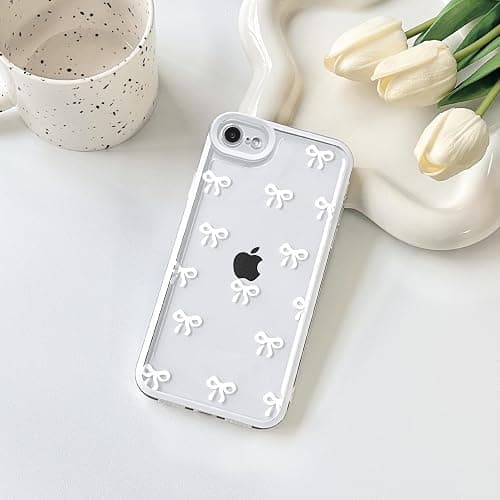 NITITOP Compatible for iPhone SE 2020 / SE 2022/7 / 8 Case Cute Clear Ribbon Bowknot Pattern for Girls Women Soft TPU Transparent Full Camera Lens Shockproof Protective Phone Cover - White thumbnail 2