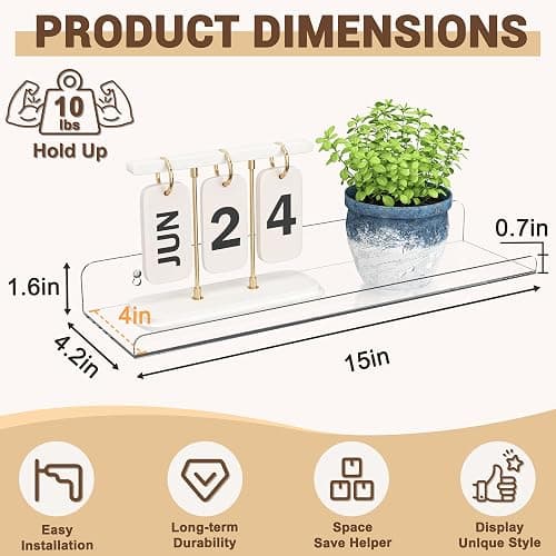 Qukaka 15" Clear Floating Shelves for Wall, 3 Pack Display Ledges | Wall shelves for perfume, skincare, nail polish, book, Room decor for Bedroom, Living Room, Kitchen, Bathroom thumbnail 3