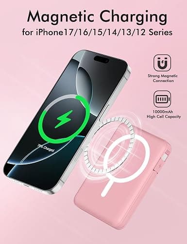 podoru for Magsafe Battery Pack, 10000mAh Magnetic Power Bank Built-in Double USB C Cables 20W PD Fast Charging LED Display Wireless Portable Charger for iPhone 17/16/15/14/13/12 Series-Pink thumbnail 5