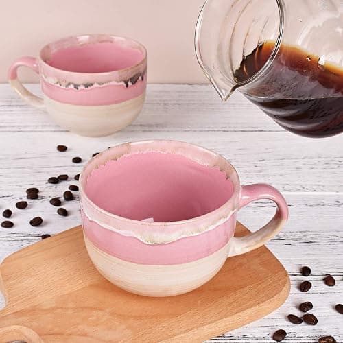 Bosmarlin Large Ceramic Coffee Mug Set of 2, Stoneware Jumbo Latte Mugs Tea for Office and Home, 16 Oz, Dishwasher and Microwave Safe(Pink, 2) thumbnail 5
