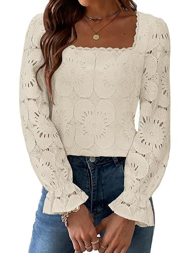 UNCOOYEE Blouses for Women Dressy Casual Eyelet Square Neck Long Sleeve Embroidered Lace Crochet Boho Tops Fall Fashion 2025 - Image 1