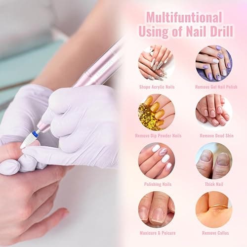 Denabuty Electric Nail Drill Cordless 35000RPM Portable Electric Nail File | Nail Drill with LCD Display and 12 Nail Drill Bits for Acrylic & Gel Nails, Professional Manicure & Pedicure Kit Set Pink thumbnail 8