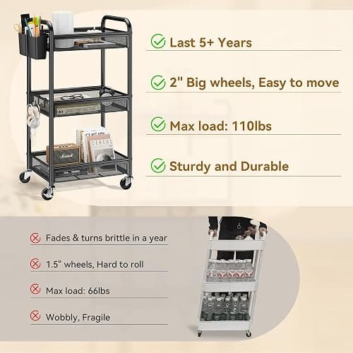 YASONIC 3 Tier Rolling Cart – Metal Utility Storage Carts with Wheels, Craft Cart Organizer with Hanging Cups, Hooks, Mesh Basket for Bedside Kitchen Office Art, Black thumbnail 4